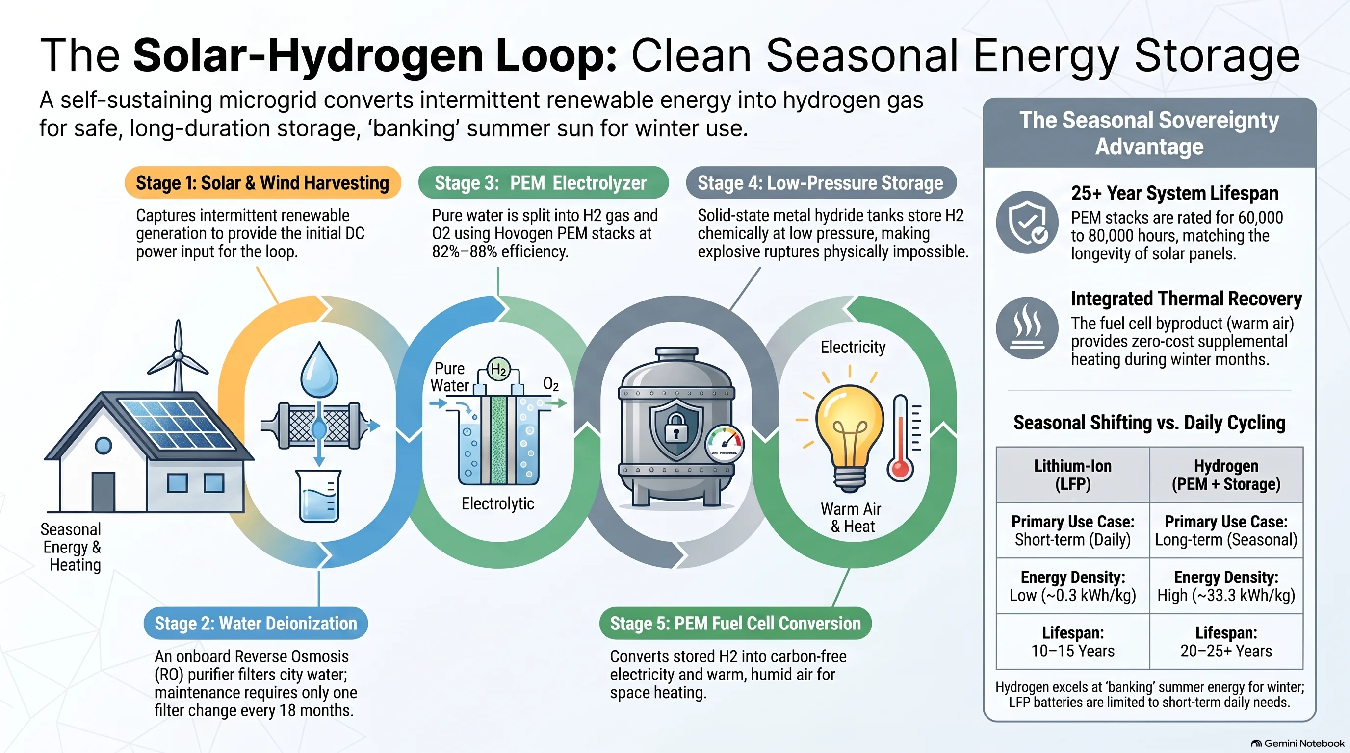 The solar-hydrogen loop: clean seasonal energy storage